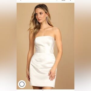 Lulu’s Soiree Hour White Satin Strapless Bow Mini Dress